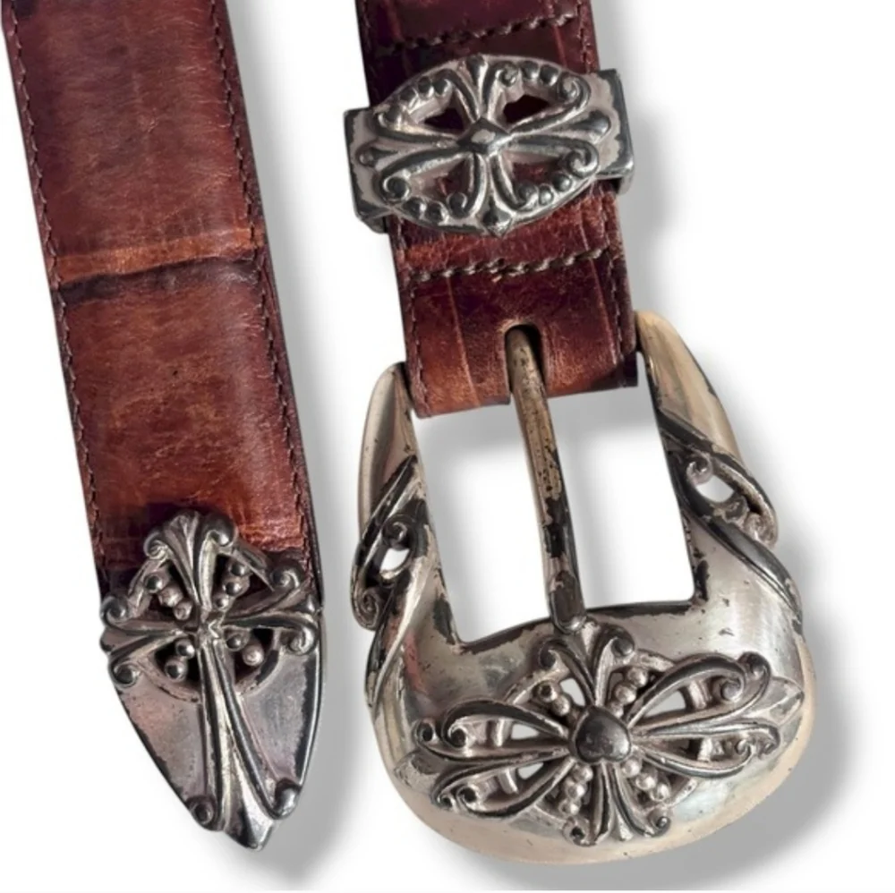 BRIGHTON Brown Croc Embossed Belt Silver Tone Filigree Details VINTAGE